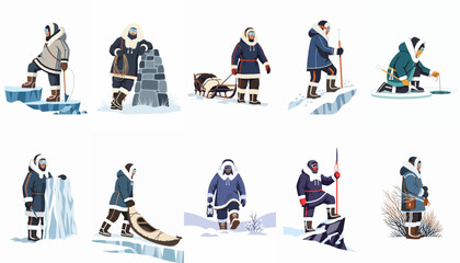 Collection of flat vector illustrations showing indigenous Arctic people in traditional fur clothing performing various activities like ice fishing, sledging, and trekking. © Lhymo