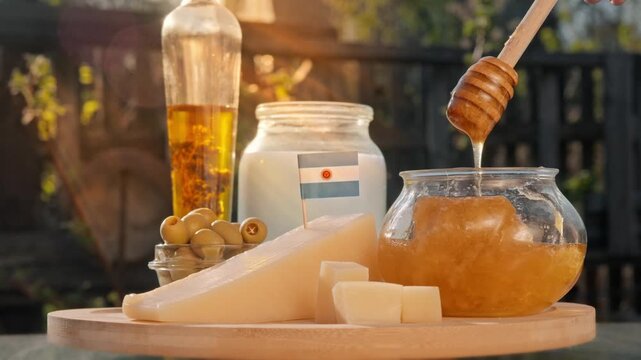 Argentine honey pours near local cheese and dairy items in a sunlit countryside food composition that feels handcrafted and authentic.