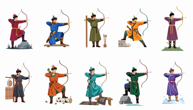 Vector illustration set of Mongolian archers wearing traditional costumes, performing archery in various poses and environments, isolated on a white background.