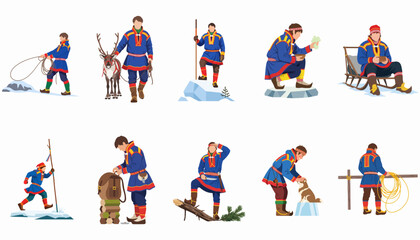 Illustrations of Sami people in traditional gakti clothing engaged in various activities like reindeer herding, sledging, and trekking in the Arctic wilderness. © Lhymo