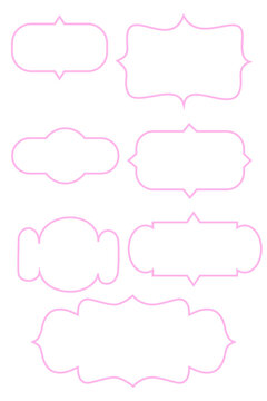 Pink hand drawn ornamental label frames with scalloped borders and vintage-inspired outlines for invitations, packaging, journaling, branding, retail, scrapbook projects, social media. Transparent PNG