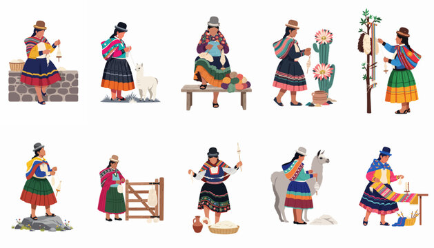 Set of illustrations showing traditional Andean women spinning wool, weaving textiles, and tending to llamas in colorful ethnic clothing.