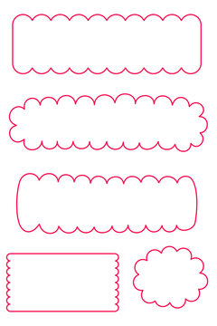 Pink scalloped border frame set with rounded decorative outlines. Fun postage-style labels, sticker shapes for scrapbook layouts, planner pages, invitations, social media, branding projects. High res 