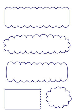 Navy scalloped border frame set with rounded decorative outlines. Fun postage-style labels, sticker shapes for scrapbook layouts, planner pages, invitations, social media, branding projects. High res 