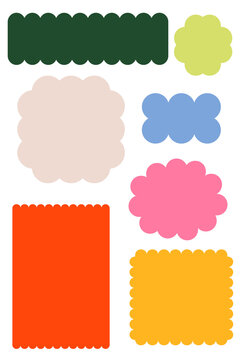 Earthy bright scalloped shape sticker set. Bold flower rounded rectangle label collection, colorful planner badge elements for planners, branding, packaging, scrapbooking, tags, social media design