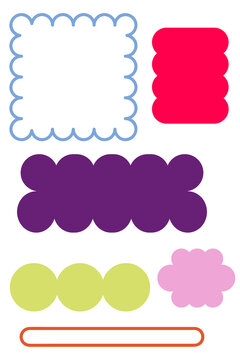 Fun outline, solid color scalloped shape sticker set. Border bubble label frame collection. Playful badge sticker set for planners, branding, packaging, scrapbooking, tags, social media. High-res PNG