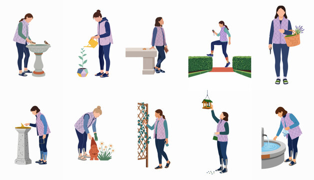 Set of ten flat vector illustrations showing a woman performing various gardening and outdoor activities in a backyard or garden setting.