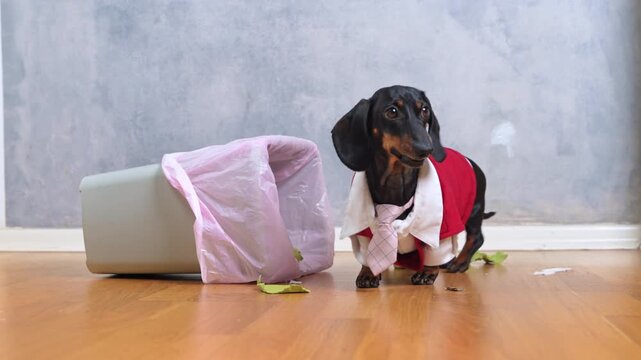 A mischievous black dachshund dog in a red shirt and tie runs up and examines an overturned trash can with a pink bag at home - the image of a naughty pet, a mess.