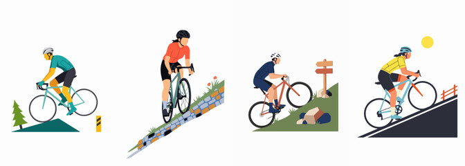 Naklejka premium Set of four flat vector illustrations featuring diverse cyclists riding uphill on various terrains, including road, cobblestone, and mountain paths.