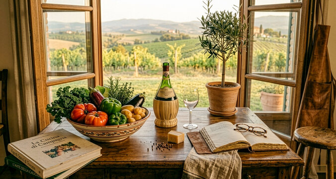Sunlit rustic kitchen table with a bowl of fresh vegetables, a straw-wrapped wine bottle, open cookbook and glasses set against rolling Tuscan vineyard hills for a warm, authentic countryside mood