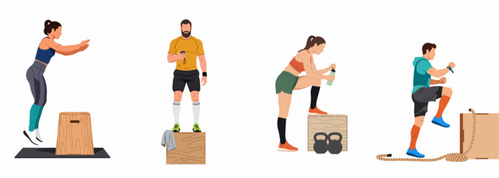 Collection of Flat Vector Illustrations Depicting People Performing Various Fitness and Plyometric Exercises Using Wooden Jump Boxes in a Gym Setting