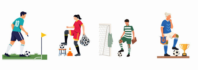 Vector illustration set of soccer players and coaches with equipment including balls, goals, cones, and trophies for sports training and victory concepts. © Neem