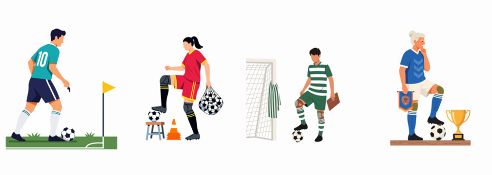 Vector illustration set of soccer players and coaches with equipment including balls, goals, cones, and trophies for sports training and victory concepts.