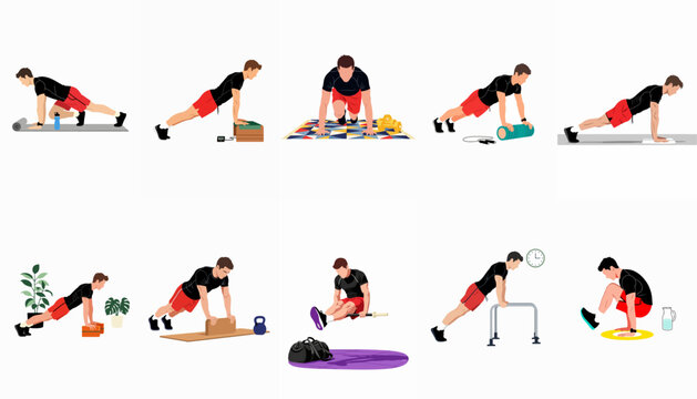 Set of 10 illustrations showing a man performing various home workout exercises including push-ups, planks, and calisthenics with different fitness equipment.