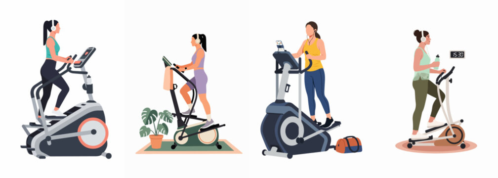 Set of diverse women exercising on elliptical cross trainers, practicing cardio workouts at the gym or home, flat vector illustration isolated on white.