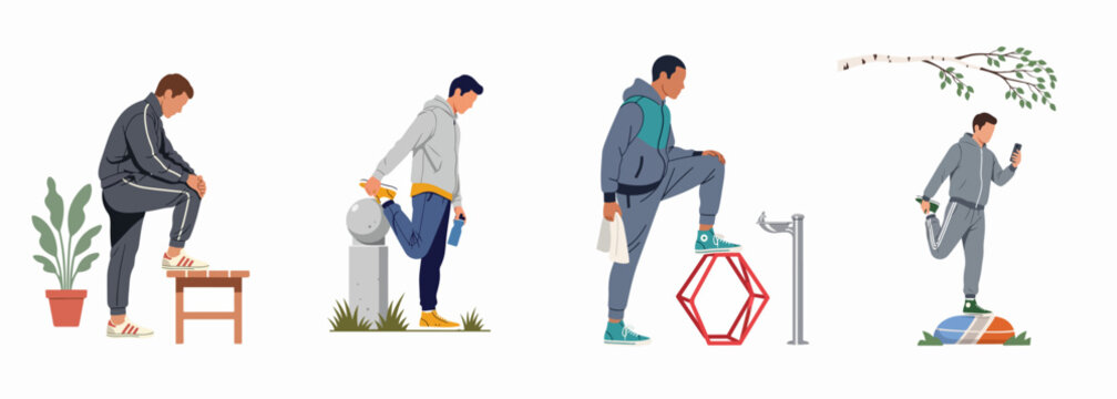 Vector illustration set of men in sportswear performing various stretching exercises and resting in different indoor and outdoor settings.