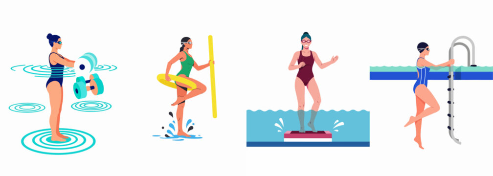 Set of women performing various aqua aerobics and water fitness exercises in a swimming pool using dumbbells, noodles, and step platforms.