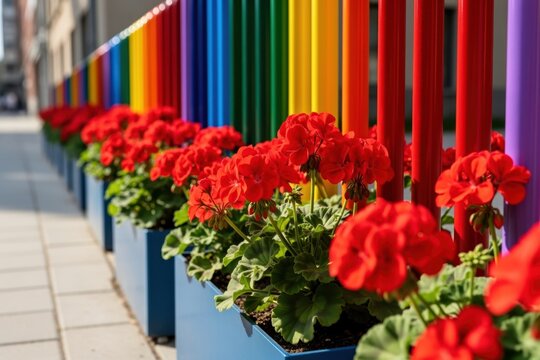 Row of bright red geraniums in blue planters against a colorful rainbow fence with geranium