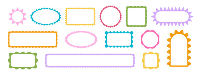 Fototapeta premium Set of cute colorful geometric frames with scalloped borders. Empty boxes, tags, labels or banner templates with wavy edges isolated on white background. Vector flat illustration.