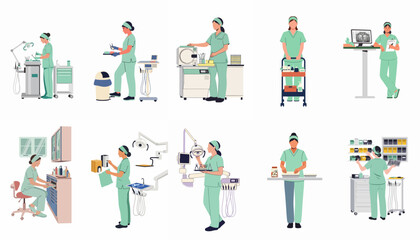 Dental Assistant Professional Set: Scenes of a Female Nurse Performing Daily Tasks in a Modern Dental Clinic Environment © Lhymo