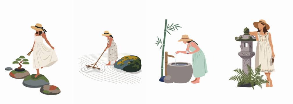 A set of flat illustrations featuring a woman in various peaceful Japanese zen garden settings, wearing summer dresses and straw hats.