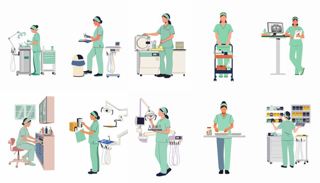 Dental Assistant Professional Set: Scenes of a Female Nurse Performing Daily Tasks in a Modern Dental Clinic Environment