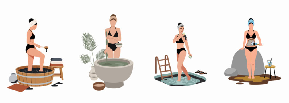 Flat vector illustrations of women experiencing different mud bath treatments, body wraps, and skincare procedures at a luxury spa and wellness resort.