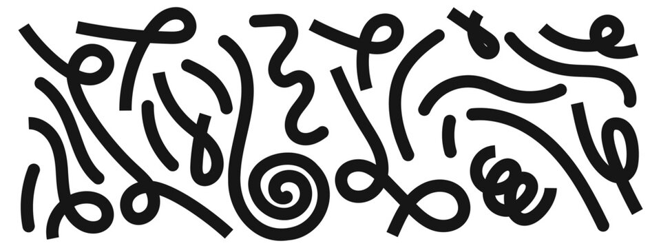 Set of curvy lines painted by black brush or charcoal chalk. Squiggles, spirals and loops in trendy spline style. Organic doodle figures isolated on white background. Vector graphic illustration.