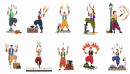 Flat vector illustration set of street performers and circus artists performing spectacular fire shows with torches and juggling acts. © Lhymo