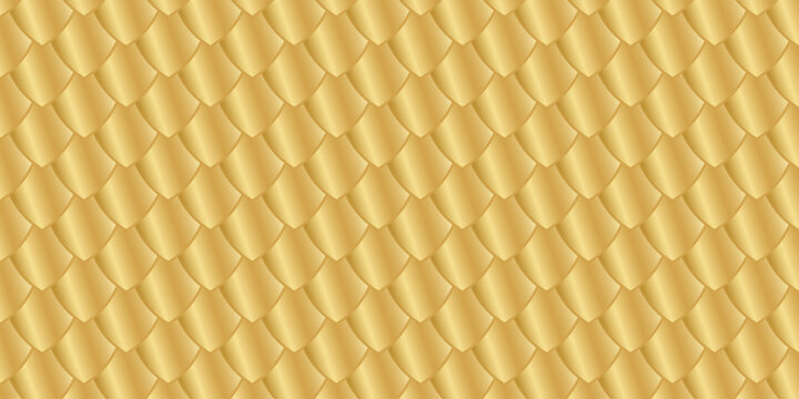 Golden scale pattern. Gold dragon, lizard or snake skin or fish squama texture. Shining medieval armor background. Tile roofing design. Luxury mermaid tail print. Vector graphic illustration.