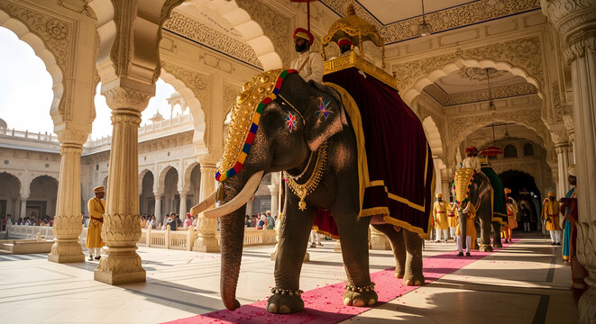 Decorated elephants procession inside ornate palace architecture