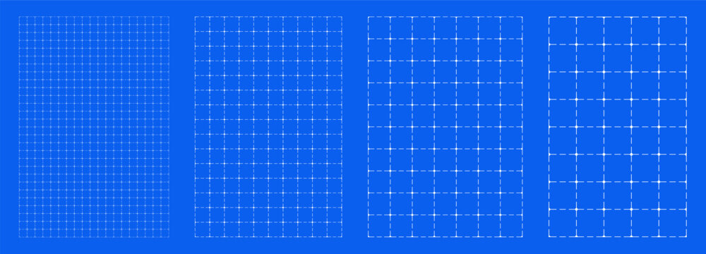 Blueprint grid set rounded dashed geometry, four scale variations. Wide medium dense micro spacing comparison, engineering layouts dashboards notebook pages interface planning systems graphics. 