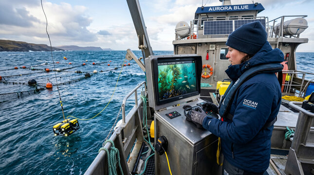 Scientist operates underwater camera on research vessel