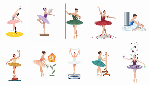 A diverse collection of ten elegant ballerina illustrations in various poses and vibrant tutu costumes, set against a clean white background.