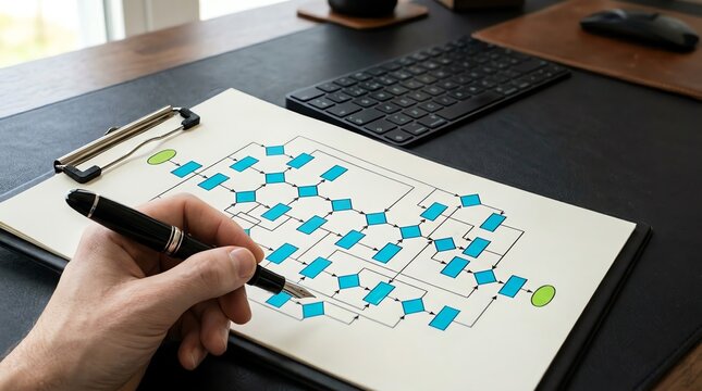 Diagram illustration with hand holding a pen over flowcharts and decision making process charts on a clipboard