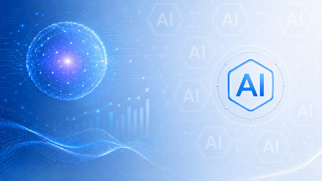 Futuristic AI technology background with glowing digital earth, financial graph and artificial intelligence pattern