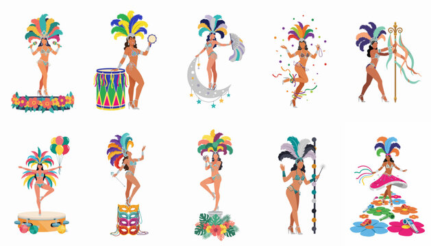 Set of flat vector illustrations of Brazilian carnival samba dancers in colorful feathered costumes, performing with various festive props on white background.