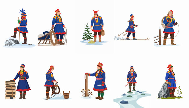 Flat Vector Illustration Set of Sami People in Traditional Gakti Clothing Engaged in Daily Winter Activities and Cultural Life in Lapland