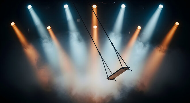 Empty swing on stage with dramatic spotlights and smoke
