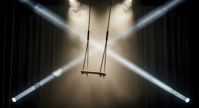 Empty trapeze swing on stage with spotlights