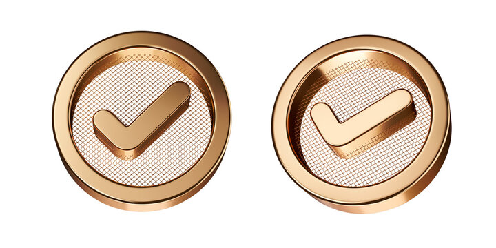 3D Golden Checkmark Badge with Metal Mesh Texture Two Angles
