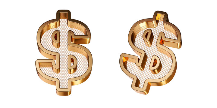 3D Golden Dollar Sign Symbol with Metal Grid Texture Two Views