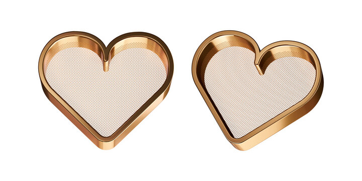 3D Golden Heart Icon with Metal Grid Texture Two Views