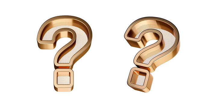 3D Golden Question Mark Symbol with Metal Grid Texture Two Views