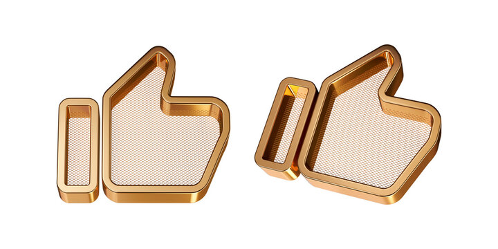 3D Golden Thumbs Up Like Icon with Metal Grid Texture Set