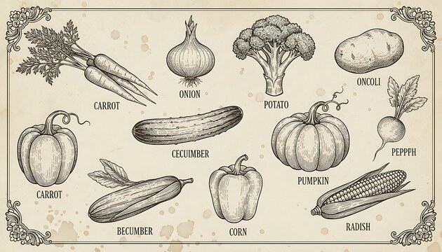 Vintage Botanical Carrot Onion Broccoli Tomato Potate Pepper Pumpkin Corn Cucumber Beetroot Radish
