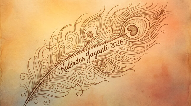 Detailed peacock feather illustration with calligraphy banner text on warm golden background