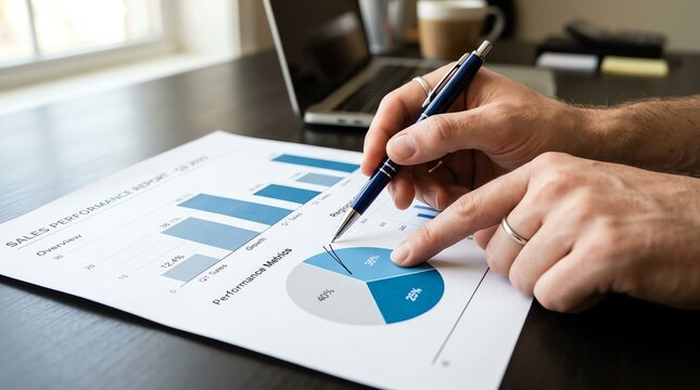 Professional hands analyzing a detailed financial sales report with a pen, pointing at key performance indicators and business growth statistics on paper