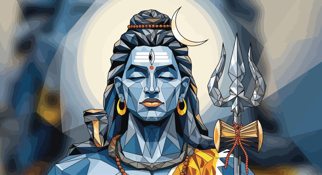Lord Shiva in deep meditation with a trident and crescent moon.
