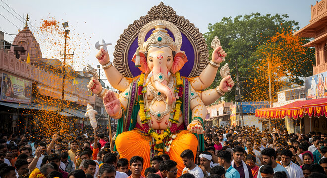 Ganesha idol procession with crowd and flower petals